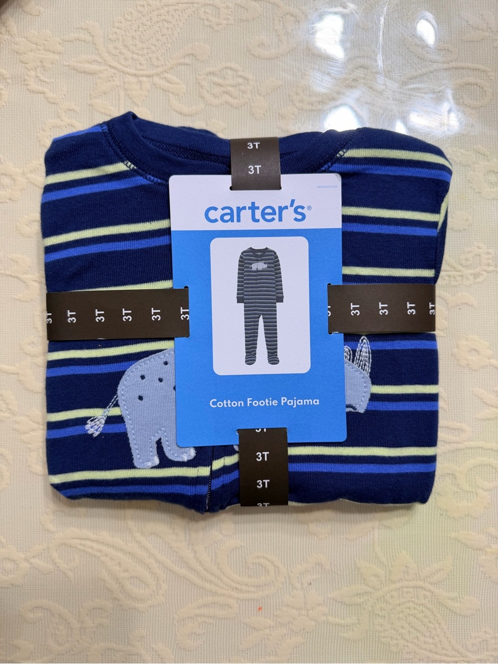 Carter's Navy, Light Blue & Lime Stripe Cotton Footie Pajama with Elephant